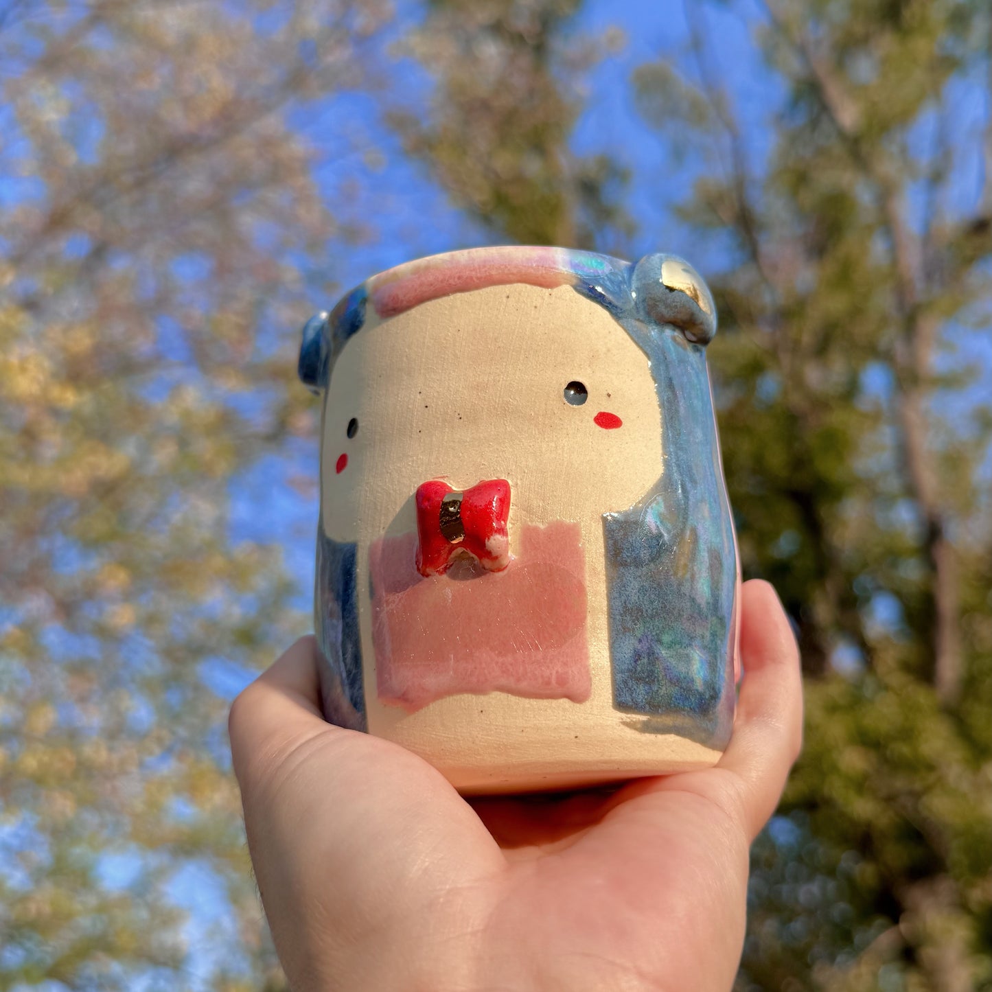 Whimsical Bear Ceramic Mug with 14k Gold Bowtie & Handmade Pink Glaze