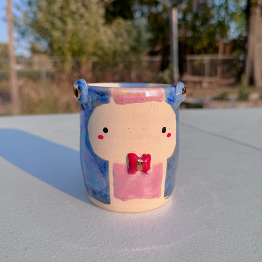 Whimsical Bear Ceramic Mug with 14k Gold Bowtie & Handmade Pink Glaze