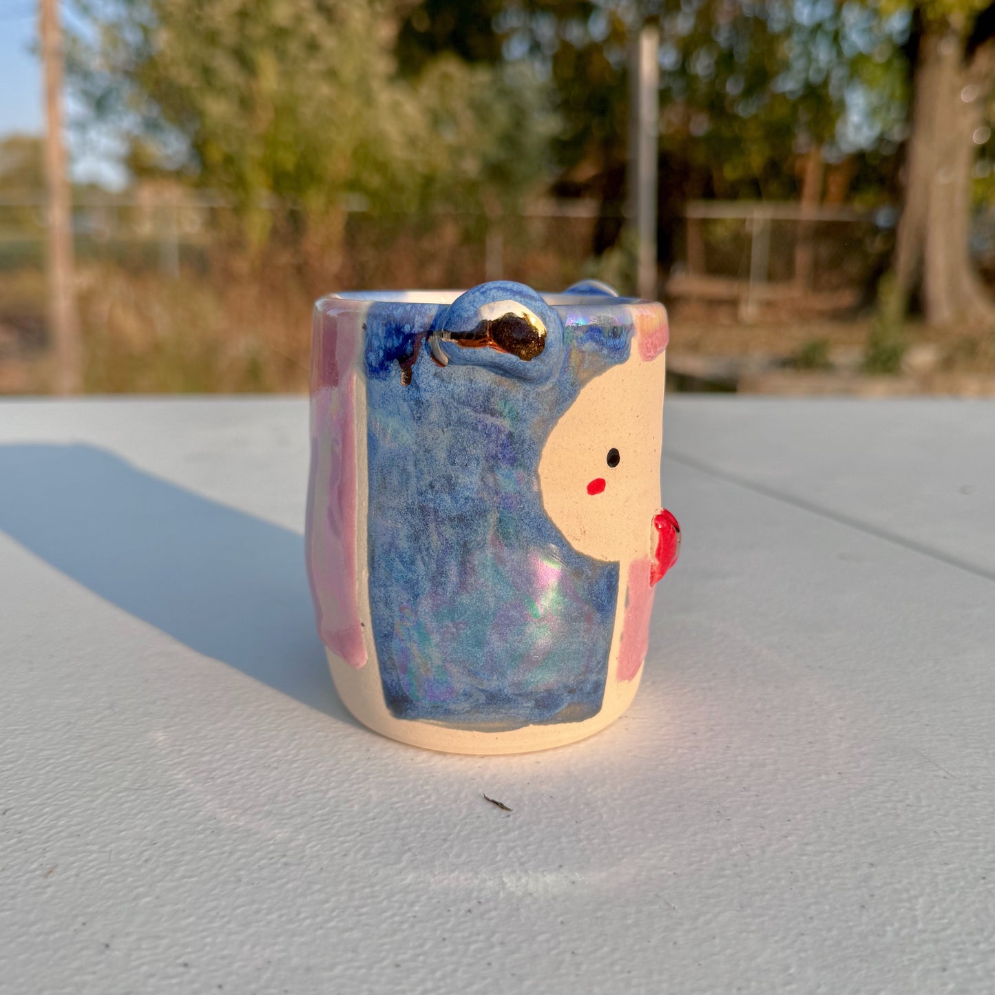 Whimsical Bear Ceramic Mug with 14k Gold Bowtie & Handmade Pink Glaze